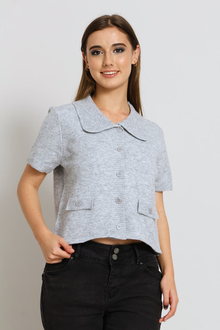 Collar Button Through Knit Top - Grey Melange