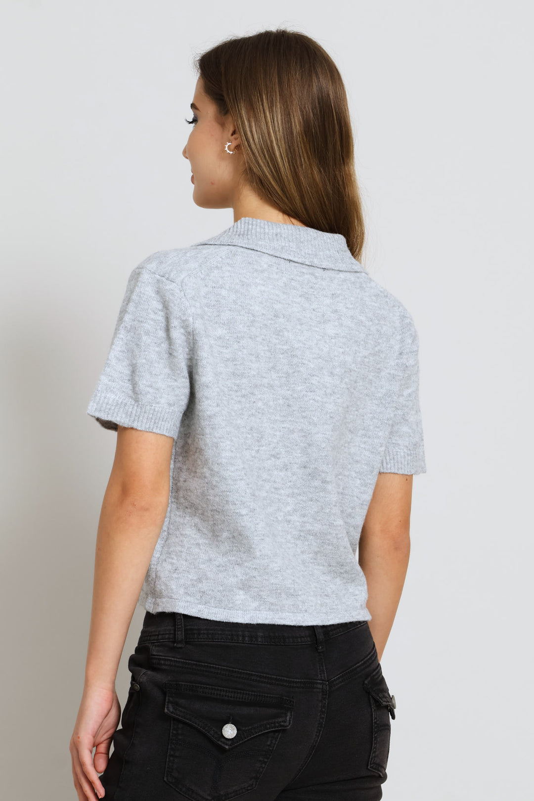 Collar Button Through Knit Top - Grey Melange