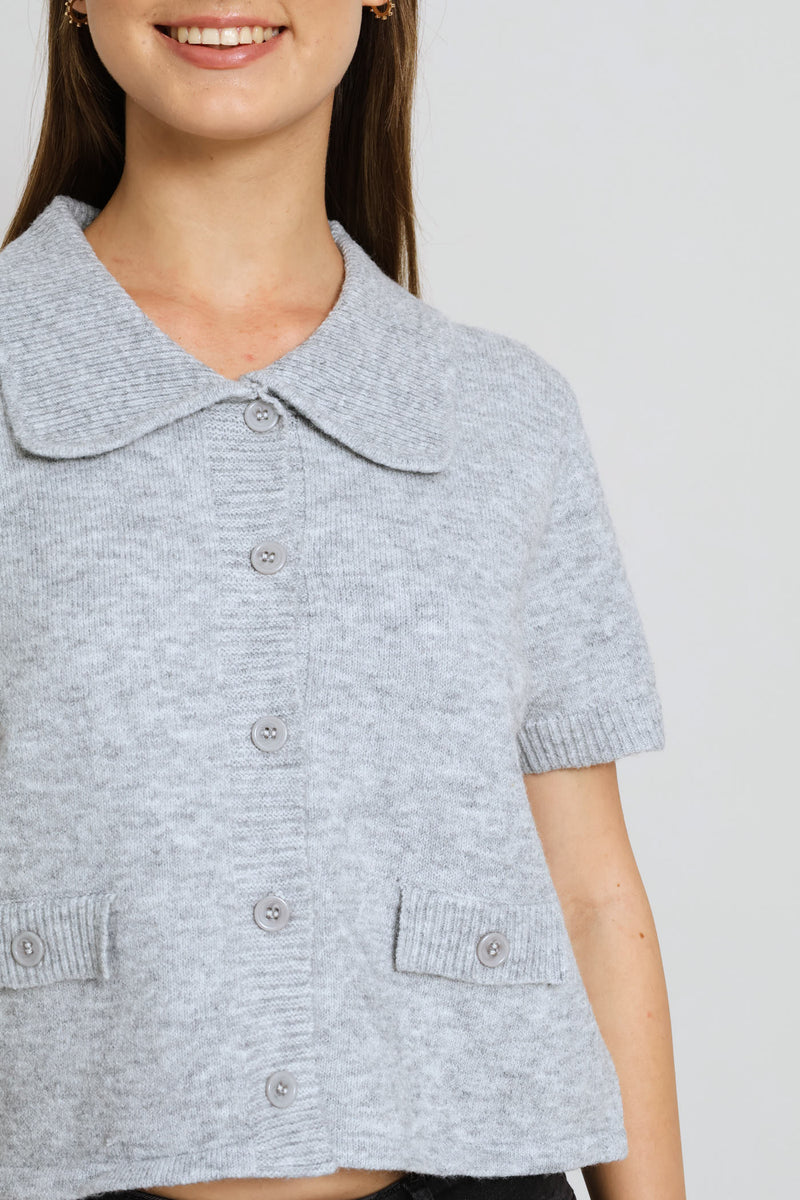 Collar Button Through Knit Top - Grey Melange