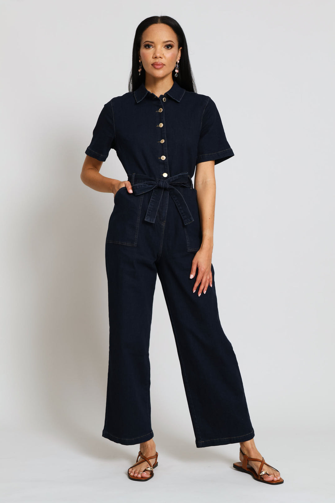 Button Front Denim Jumpsuit - Dark Wash