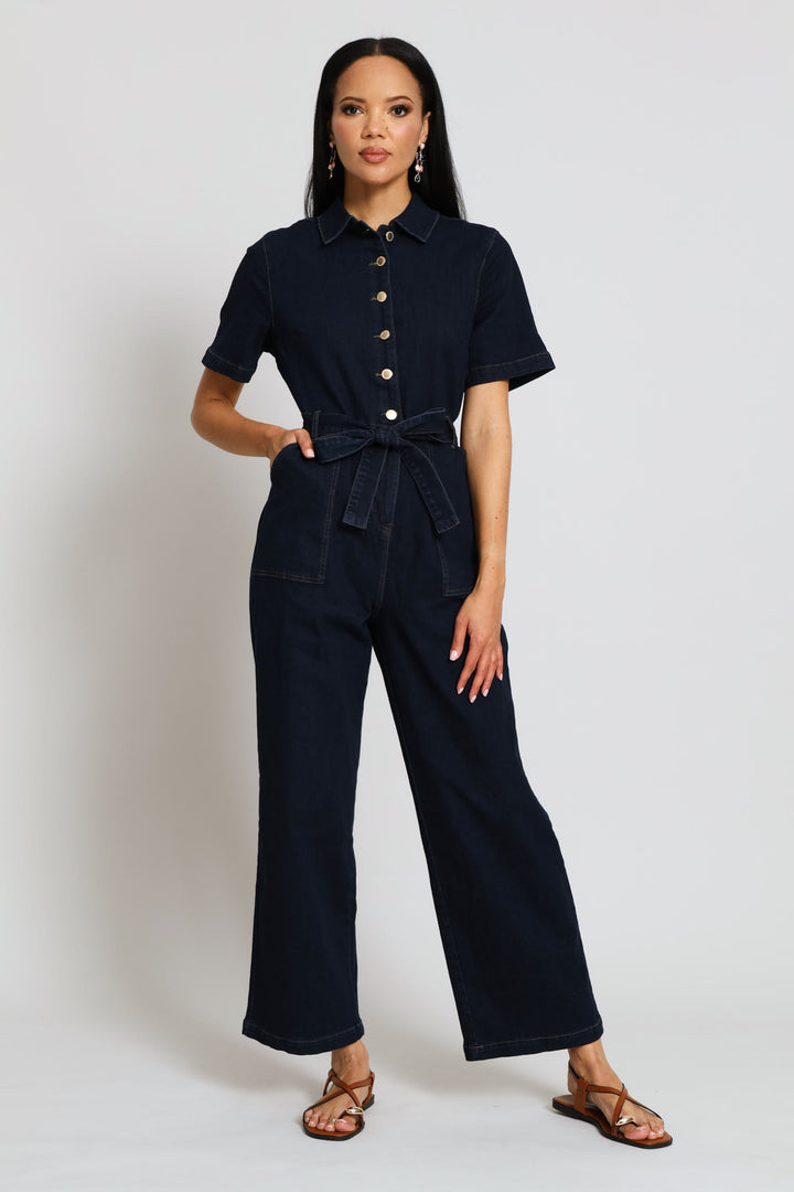 Button Front Denim Jumpsuit - Dark Wash