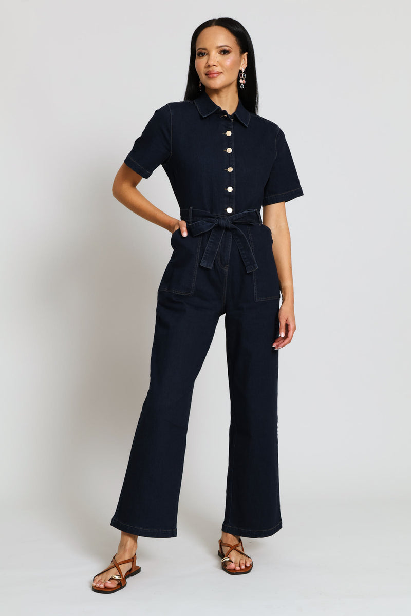 Button Front Denim Jumpsuit - Dark Wash