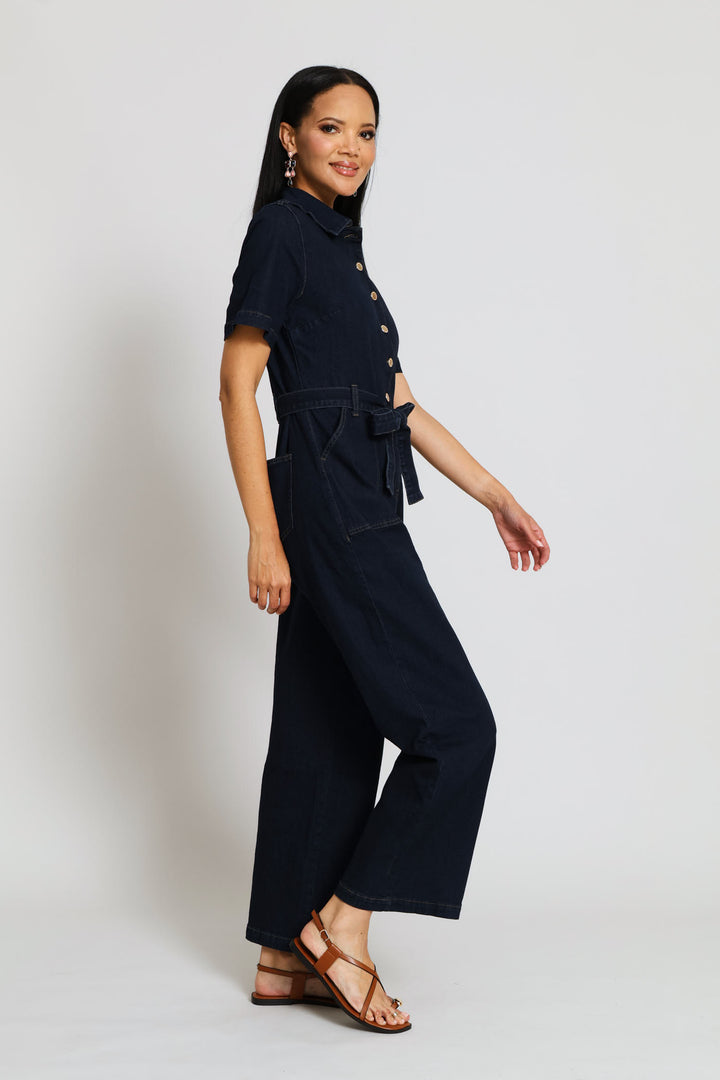 Button Front Denim Jumpsuit - Dark Wash