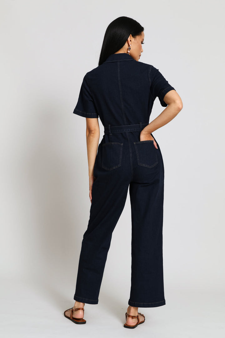 Button Front Denim Jumpsuit - Dark Wash