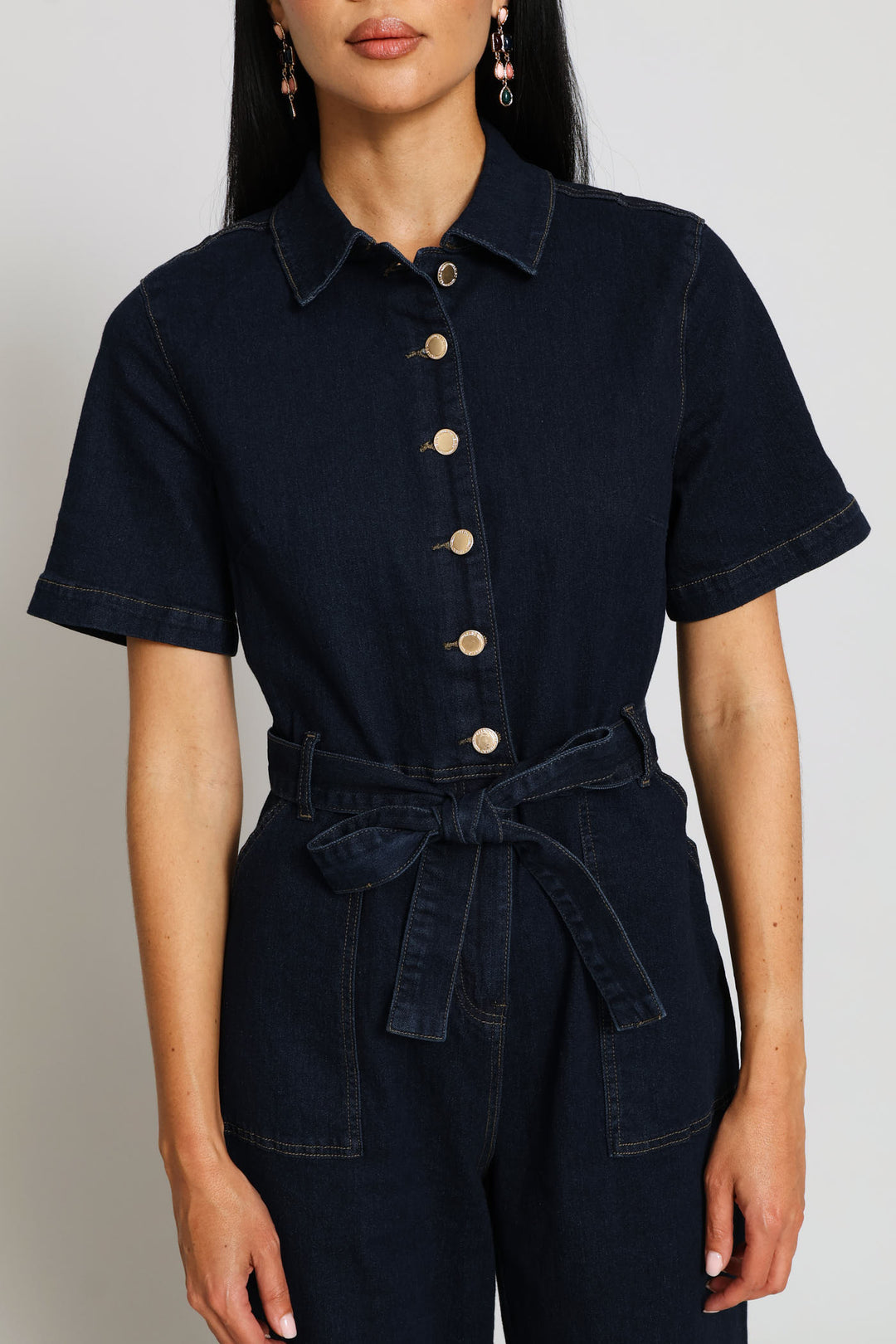 Button Front Denim Jumpsuit - Dark Wash