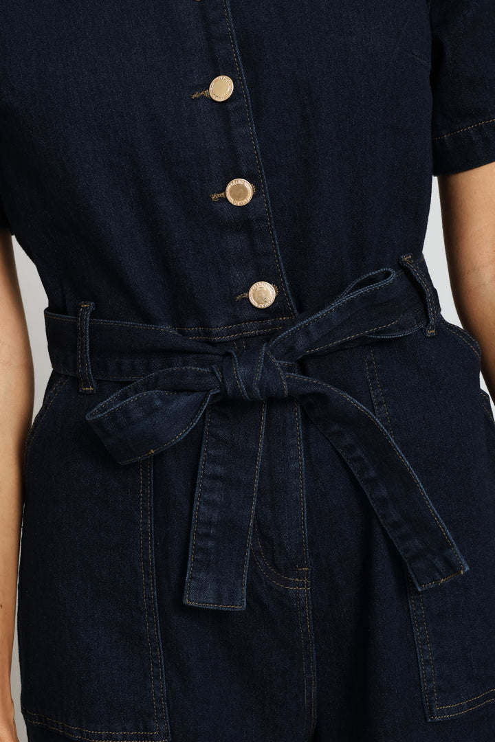 Button Front Denim Jumpsuit - Dark Wash