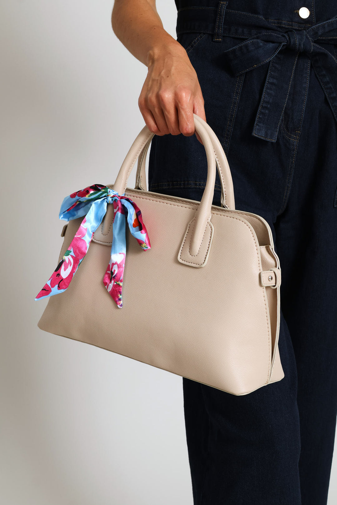 Ribbon Detail Double Handle Bowling Bag - Beige