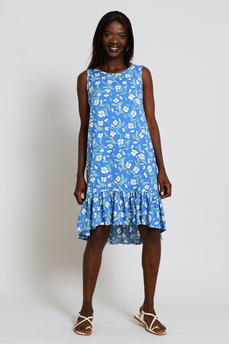 Frill Hem Printed Hi-Lo Shift Mini Dress - Blue