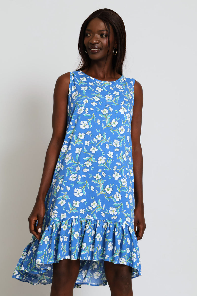 Frill Hem Printed Hi-Lo Shift Mini Dress - Blue