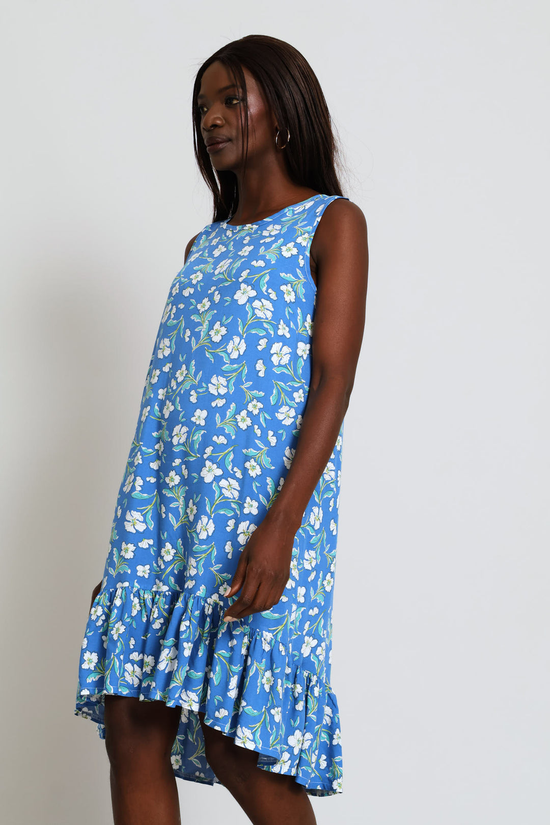 Frill Hem Printed Hi-Lo Shift Mini Dress - Blue