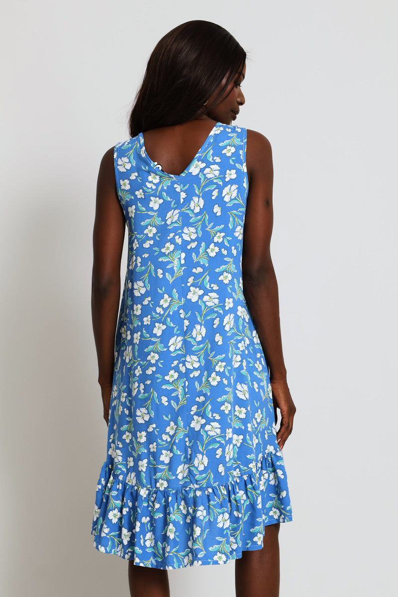 Frill Hem Printed Hi-Lo Shift Mini Dress - Blue