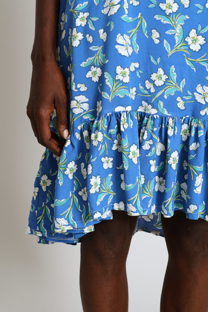 Frill Hem Printed Hi-Lo Shift Mini Dress - Blue