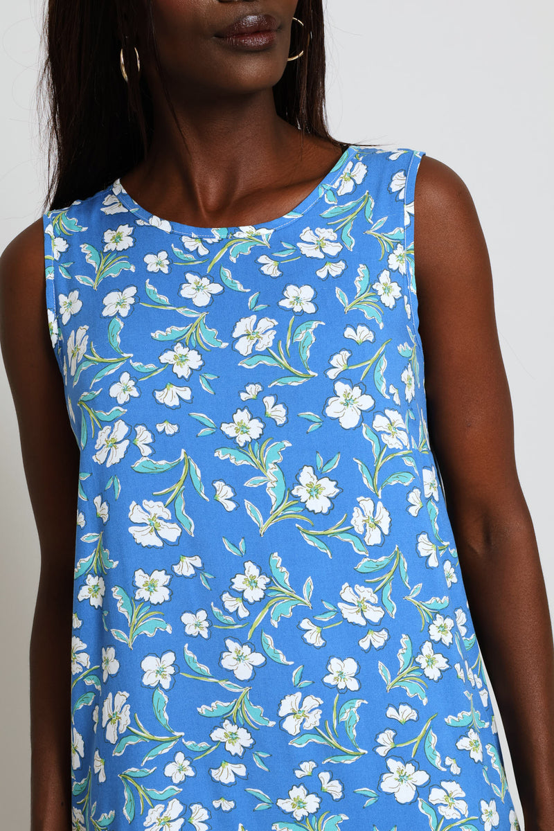 Frill Hem Printed Hi-Lo Shift Mini Dress - Blue