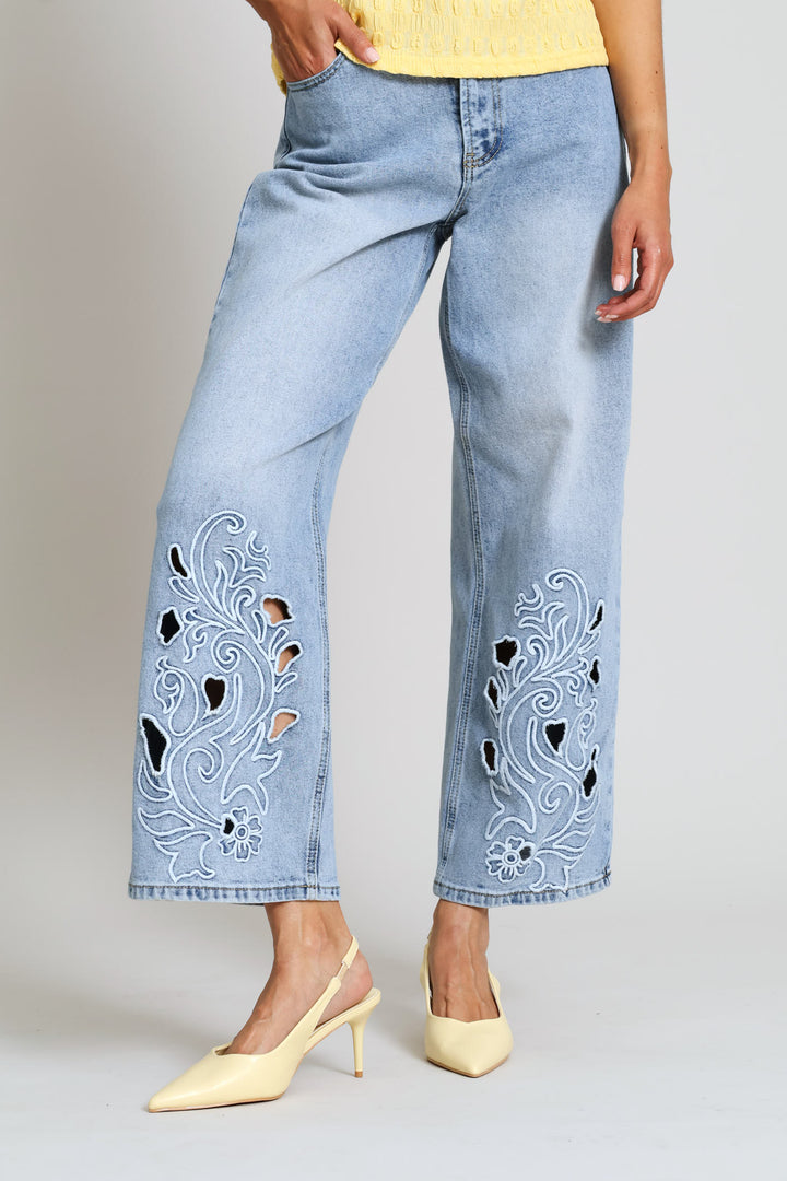 Hi-Rise Embroidered Cutout Hem Wide Leg Denim - Mid Wash
