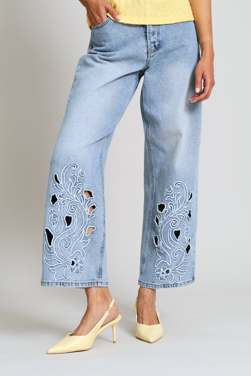 Hi-Rise Embroidered Cutout Hem Wide Leg Denim - Mid Wash