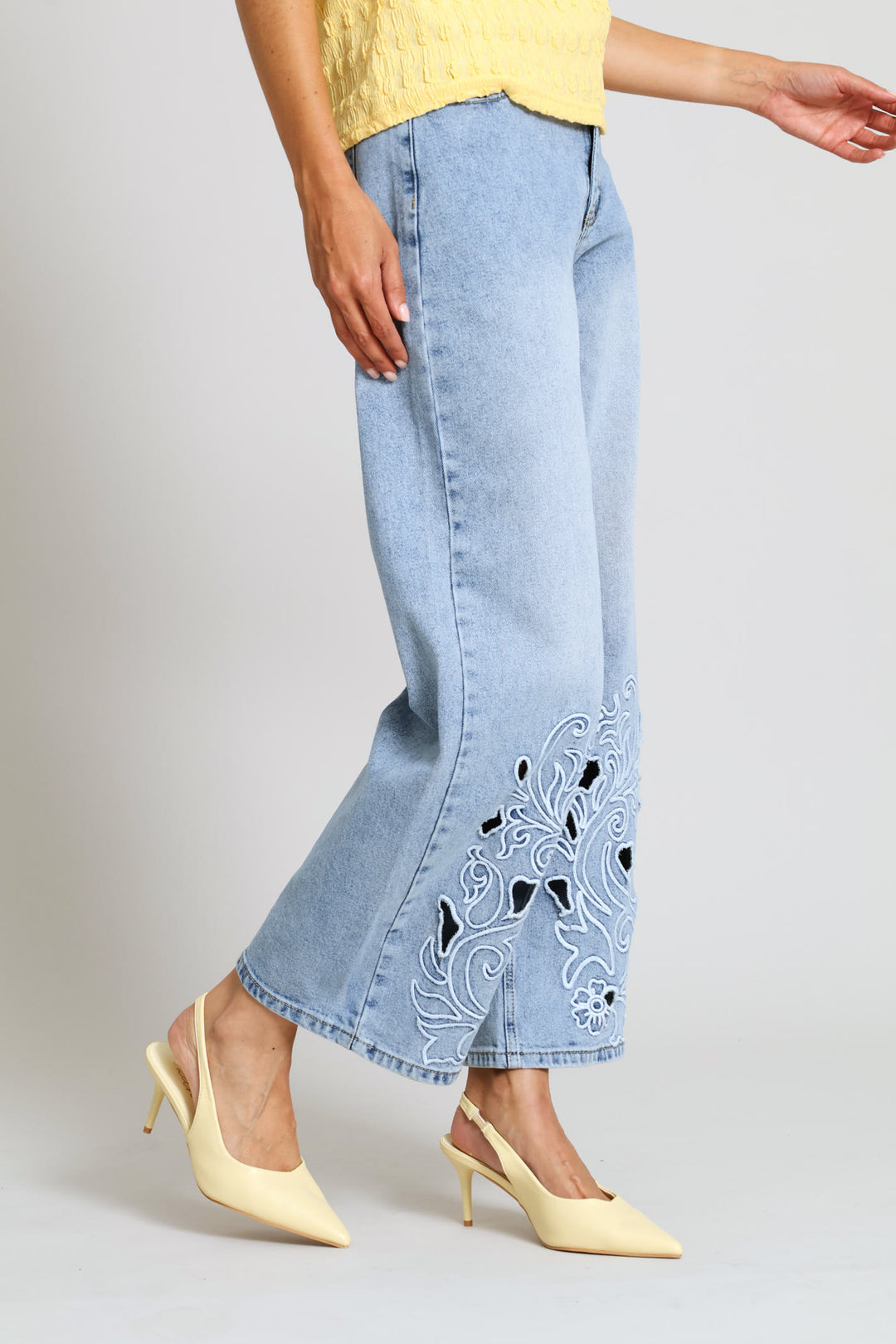 Hi-Rise Embroidered Cutout Hem Wide Leg Denim - Mid Wash