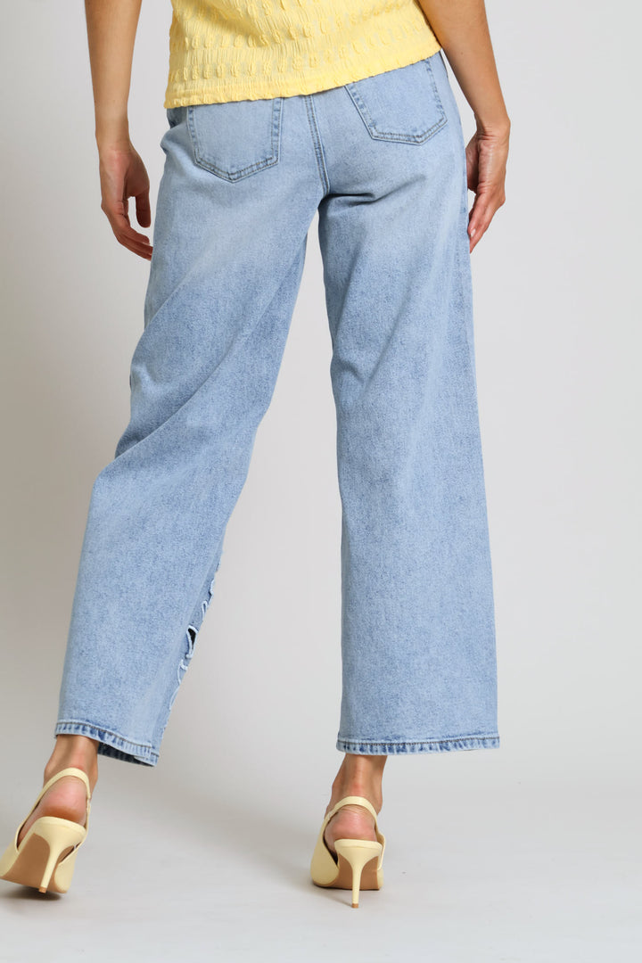 Hi-Rise Embroidered Cutout Hem Wide Leg Denim - Mid Wash