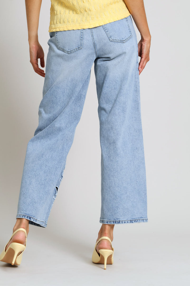 Hi-Rise Embroidered Cutout Hem Wide Leg Denim - Mid Wash