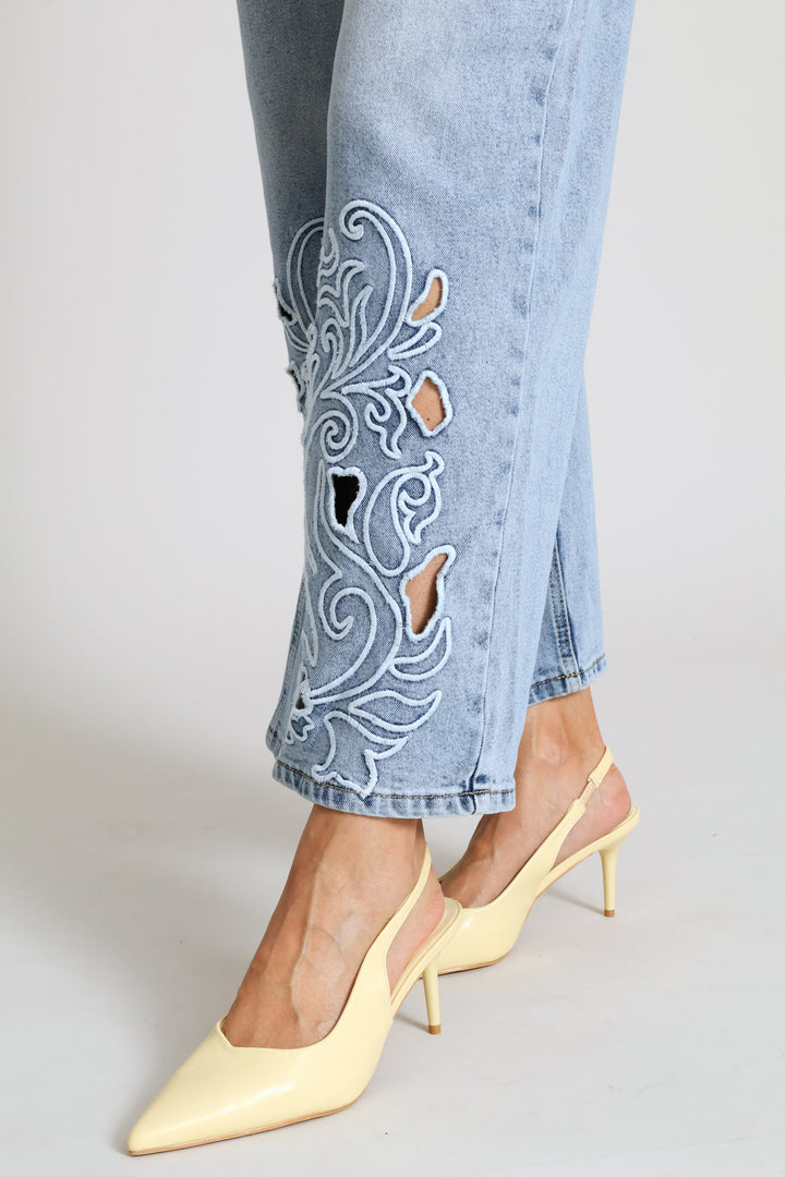 Hi-Rise Embroidered Cutout Hem Wide Leg Denim - Mid Wash