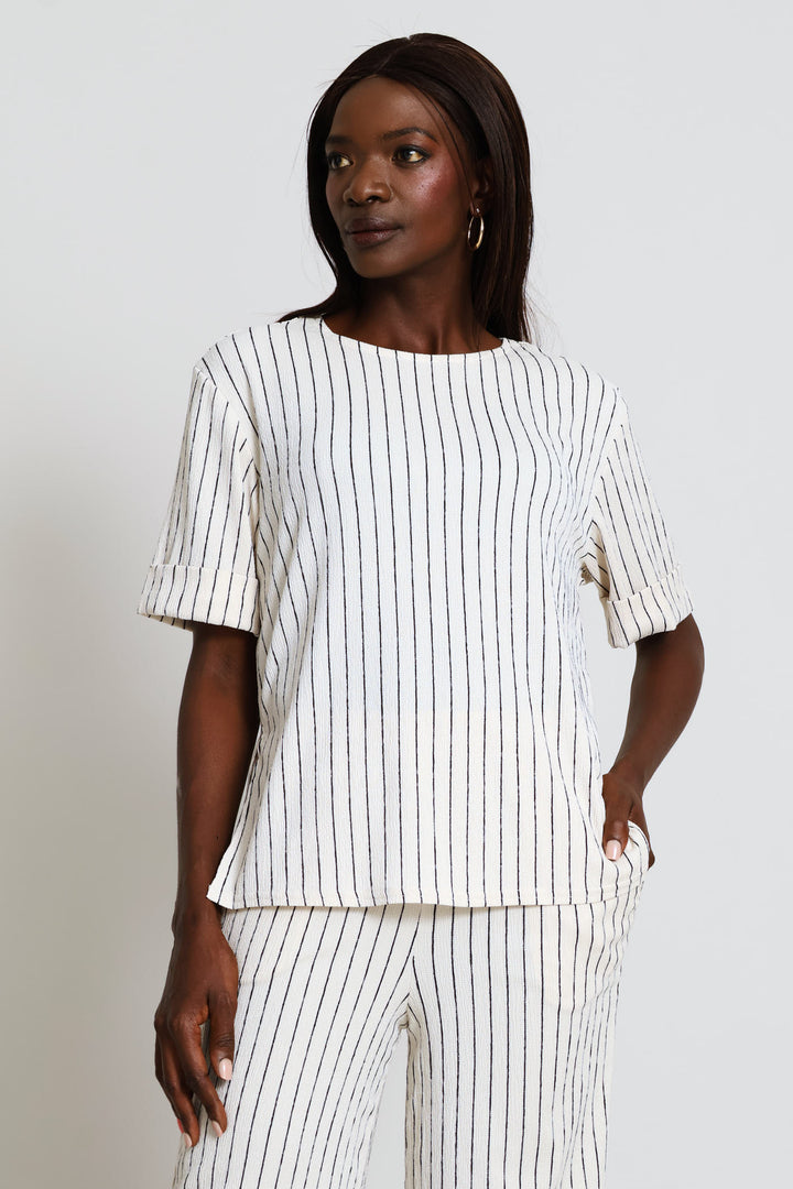 Turnup Sleeve Relaxed Crinkle Tee - Stone/Black