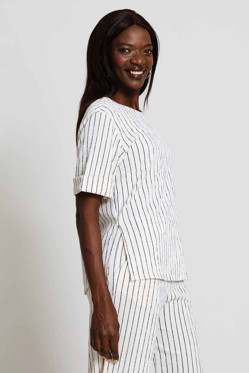 Turnup Sleeve Relaxed Crinkle Tee - Stone/Black