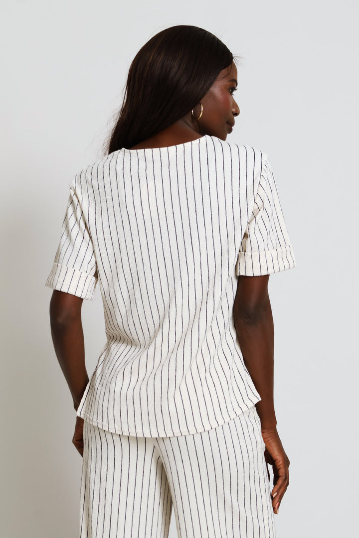 Turnup Sleeve Relaxed Crinkle Tee - Stone/Black