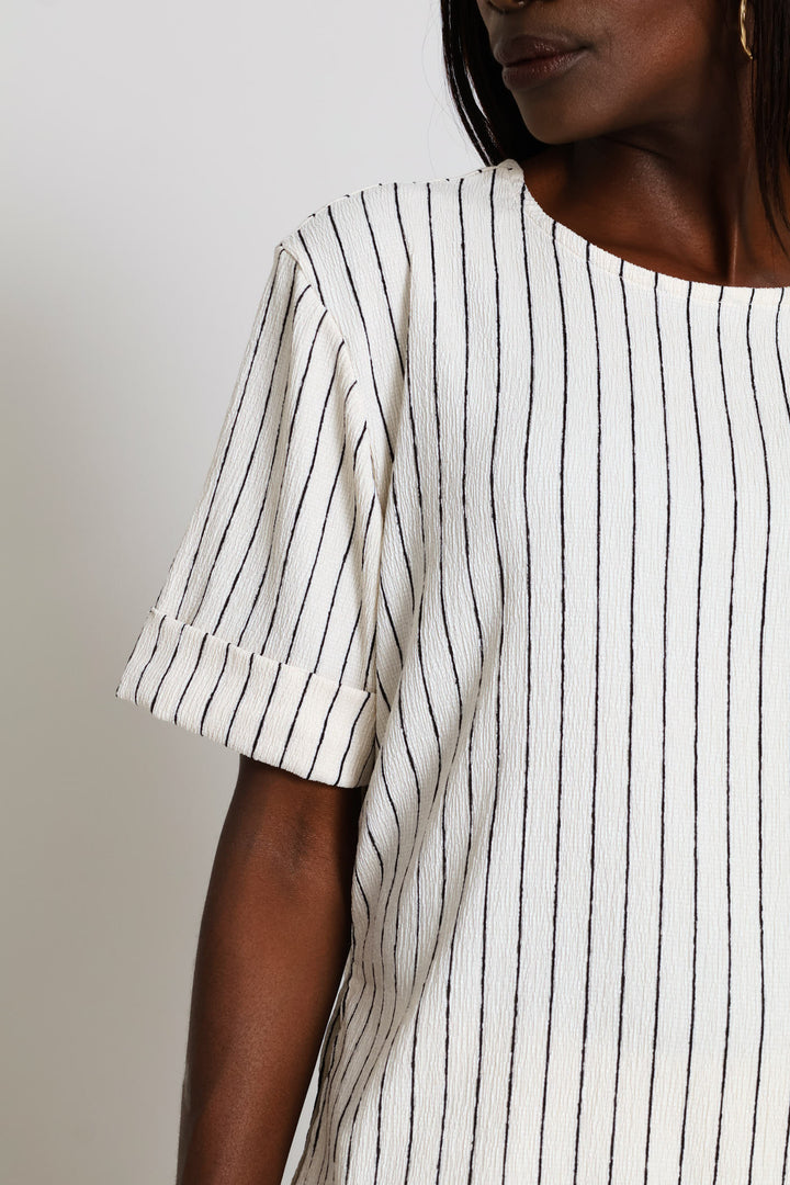 Turnup Sleeve Relaxed Crinkle Tee - Stone/Black
