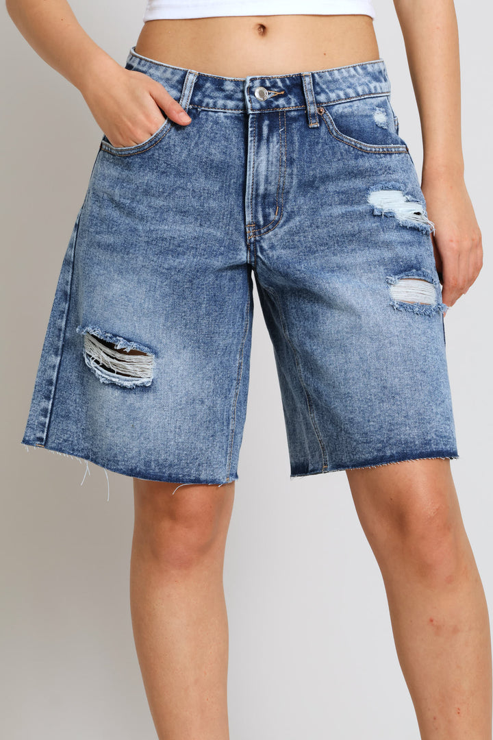 Ripped Baggy Bermuda Short - Salty Mid Wash
