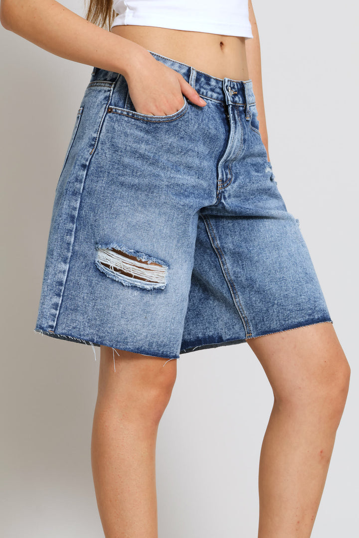 Ripped Baggy Bermuda Short - Salty Mid Wash