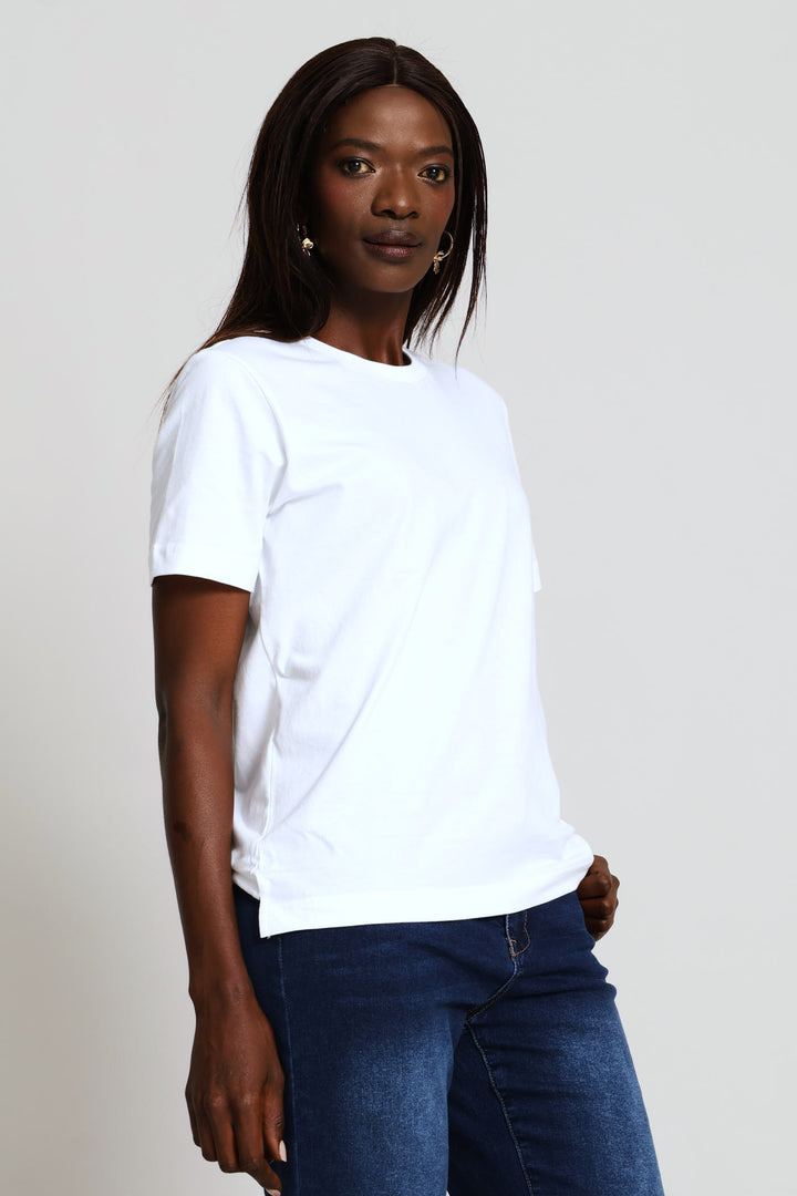 Cotton Rib Neck Boxy Tee - White