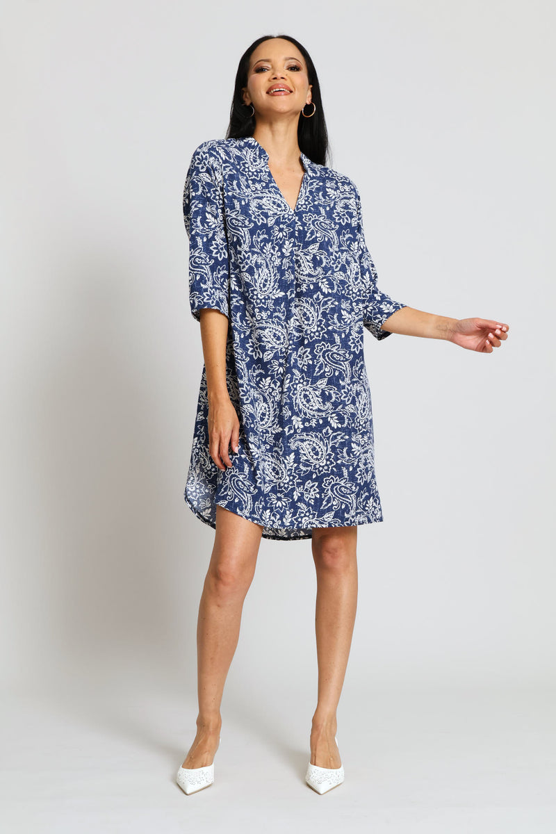 Mandarin Collar Pleat Front Print Shift Dress - Cream/Navy