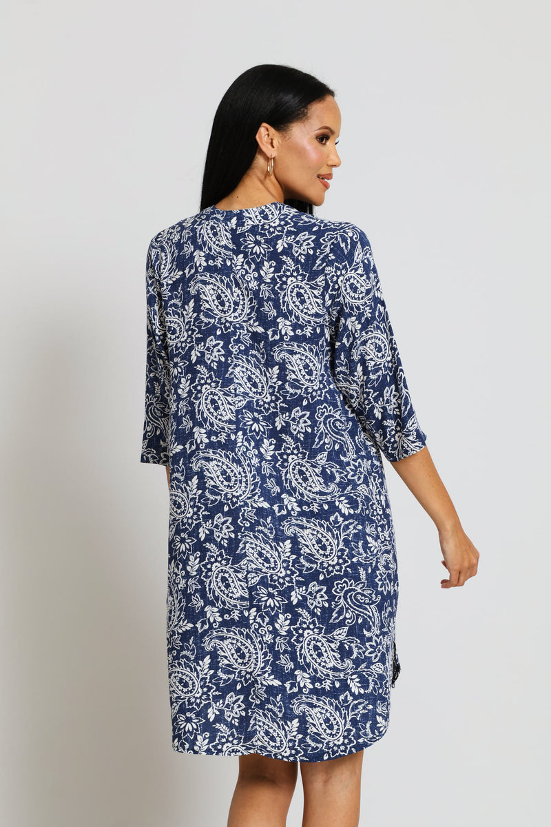 Mandarin Collar Pleat Front Print Shift Dress - Cream/Navy