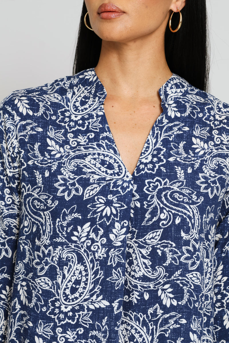 Mandarin Collar Pleat Front Print Shift Dress - Cream/Navy