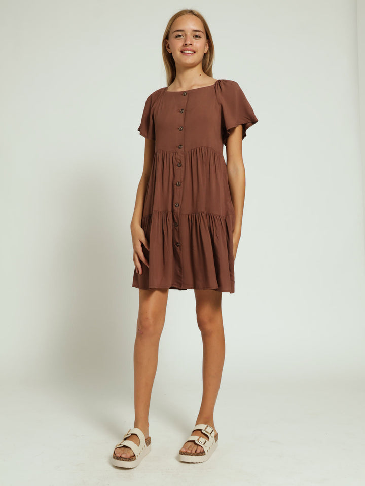 Girls Button Down Dress - Brown