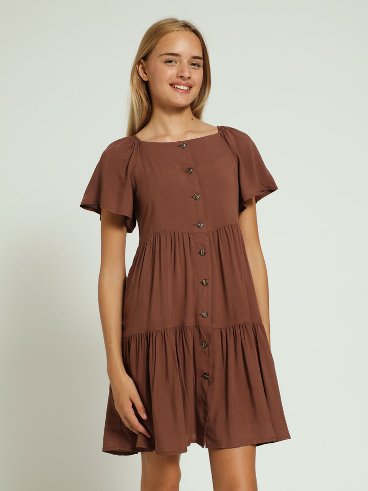 Girls Button Down Dress - Brown