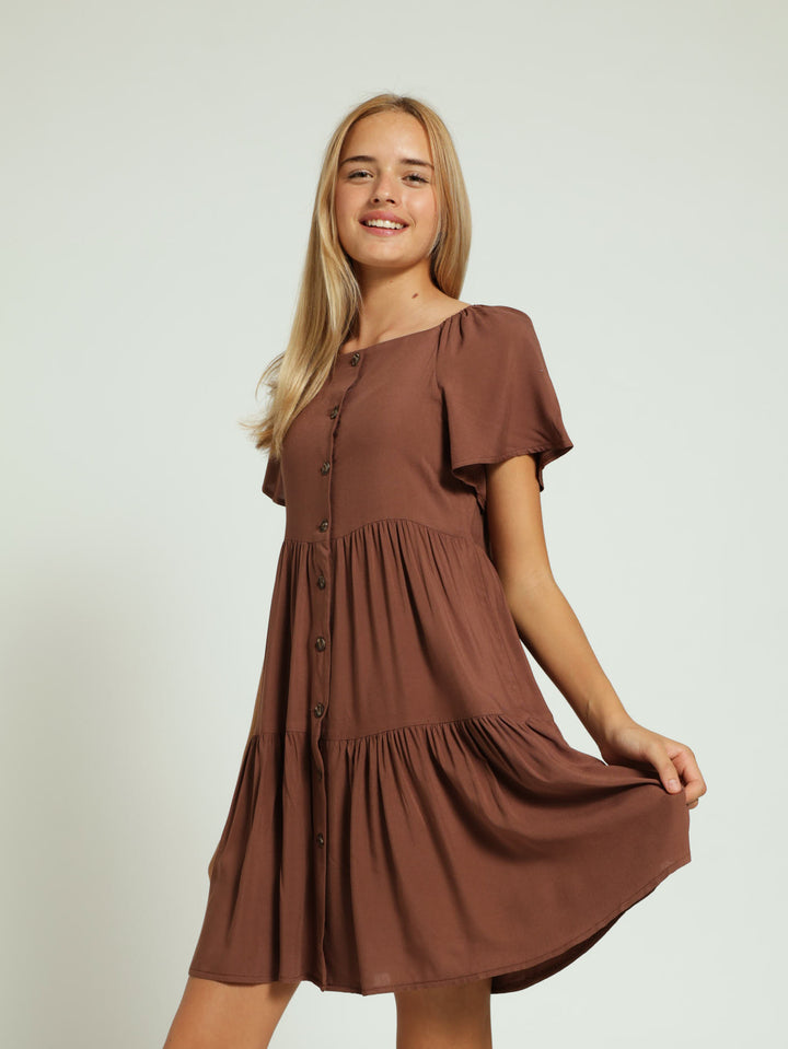 Girls Button Down Dress - Brown