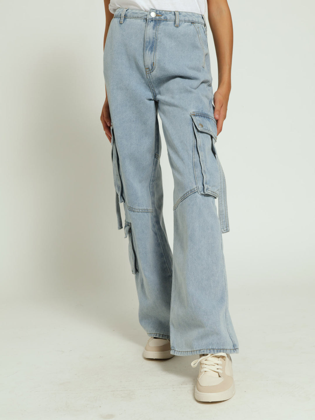 Girls Denim Cargo Jeans With Straps - Blue