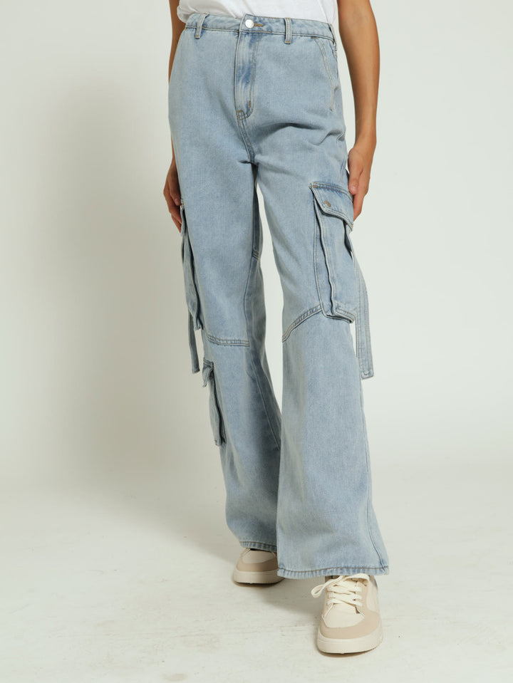 Girls Denim Cargo Jeans With Straps - Blue