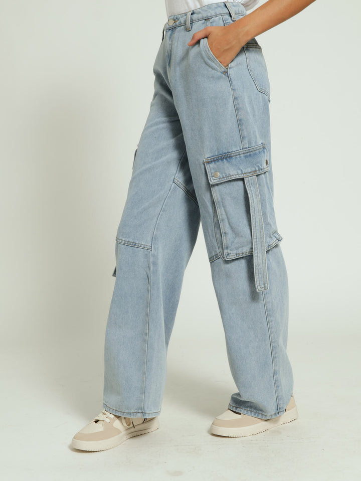 Girls Denim Cargo Jeans With Straps - Blue