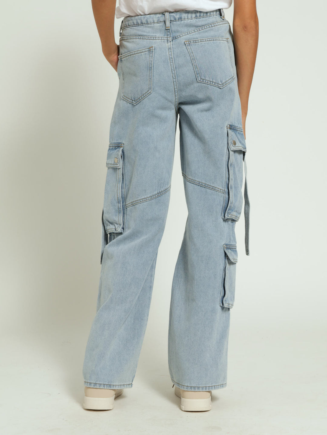 Girls Denim Cargo Jeans With Straps - Blue