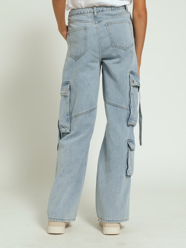 Girls Denim Cargo Jeans With Straps - Blue