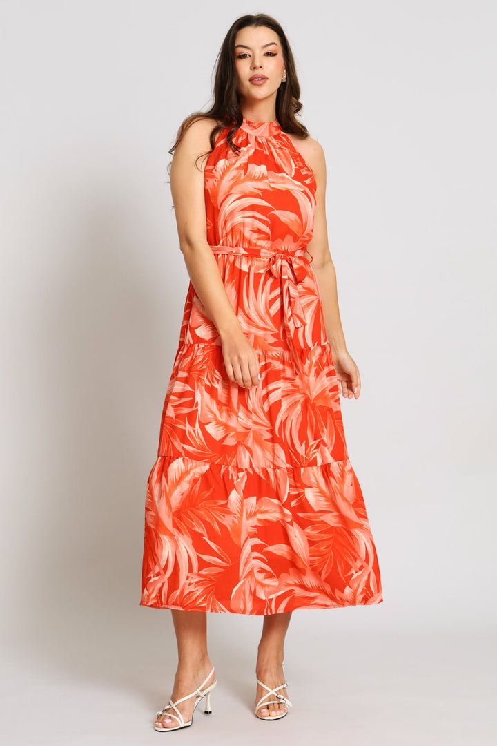 Halter Tonal Tiered Maxi Dress - Coral