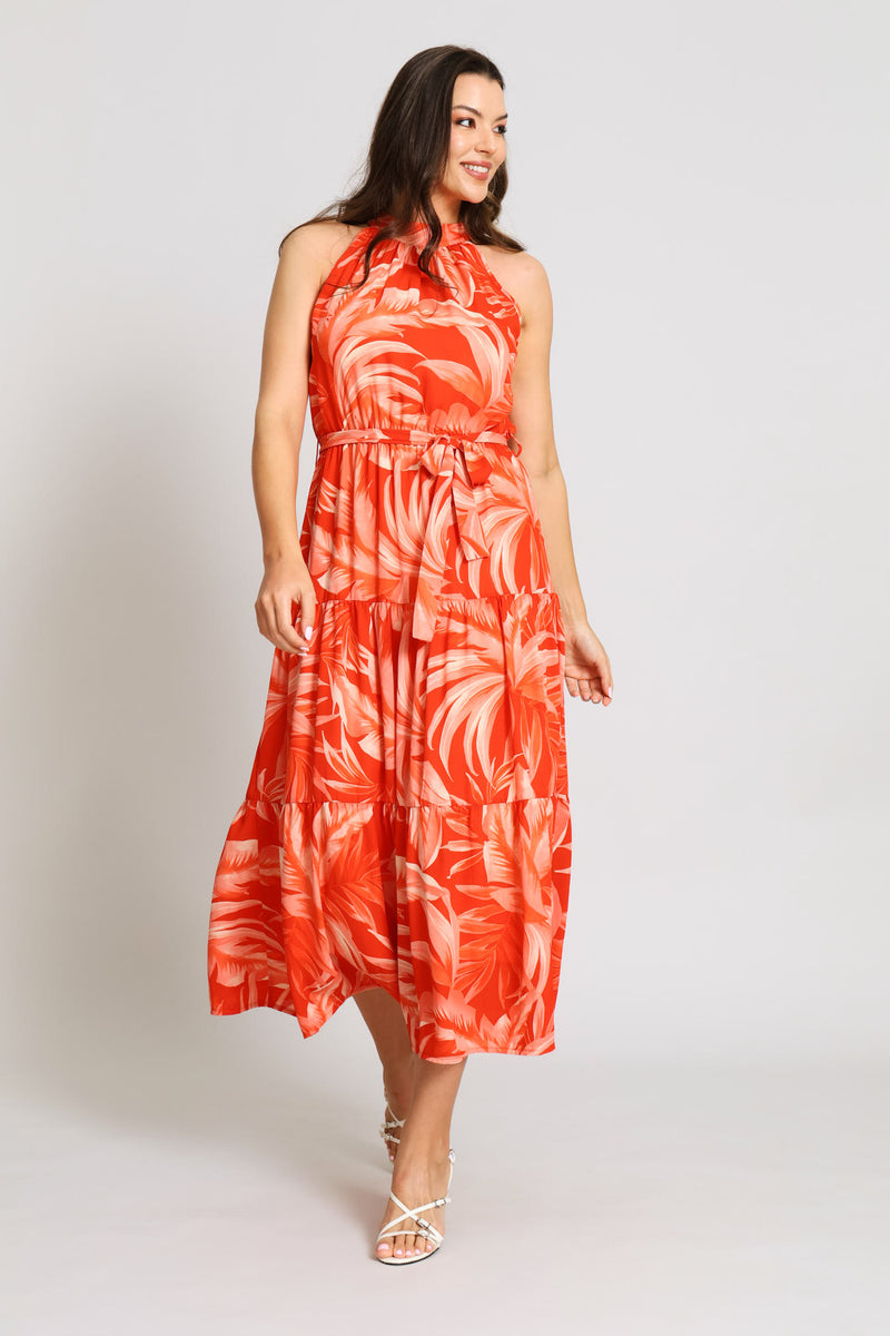 Halter Tonal Tiered Maxi Dress - Coral