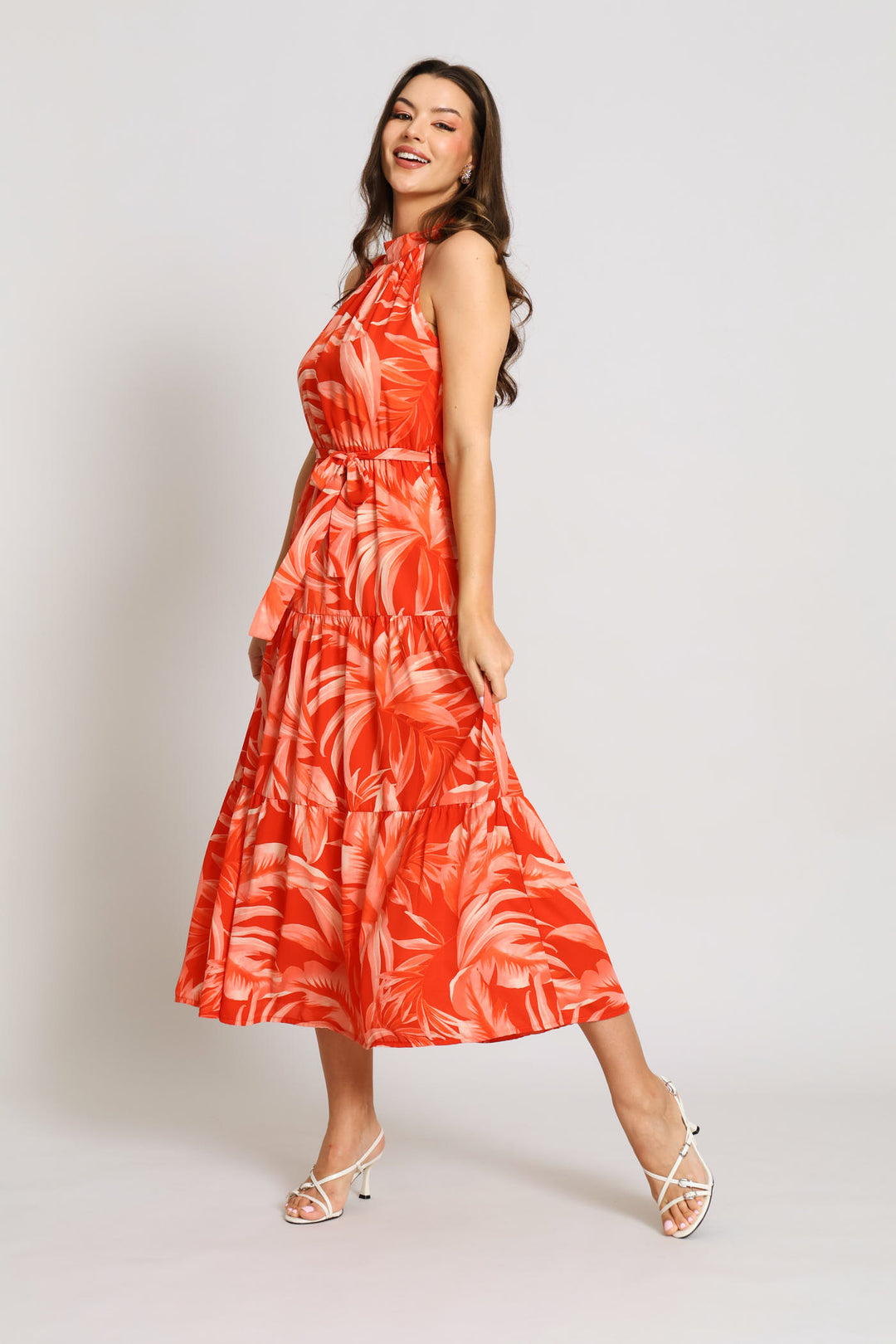 Halter Tonal Tiered Maxi Dress - Coral