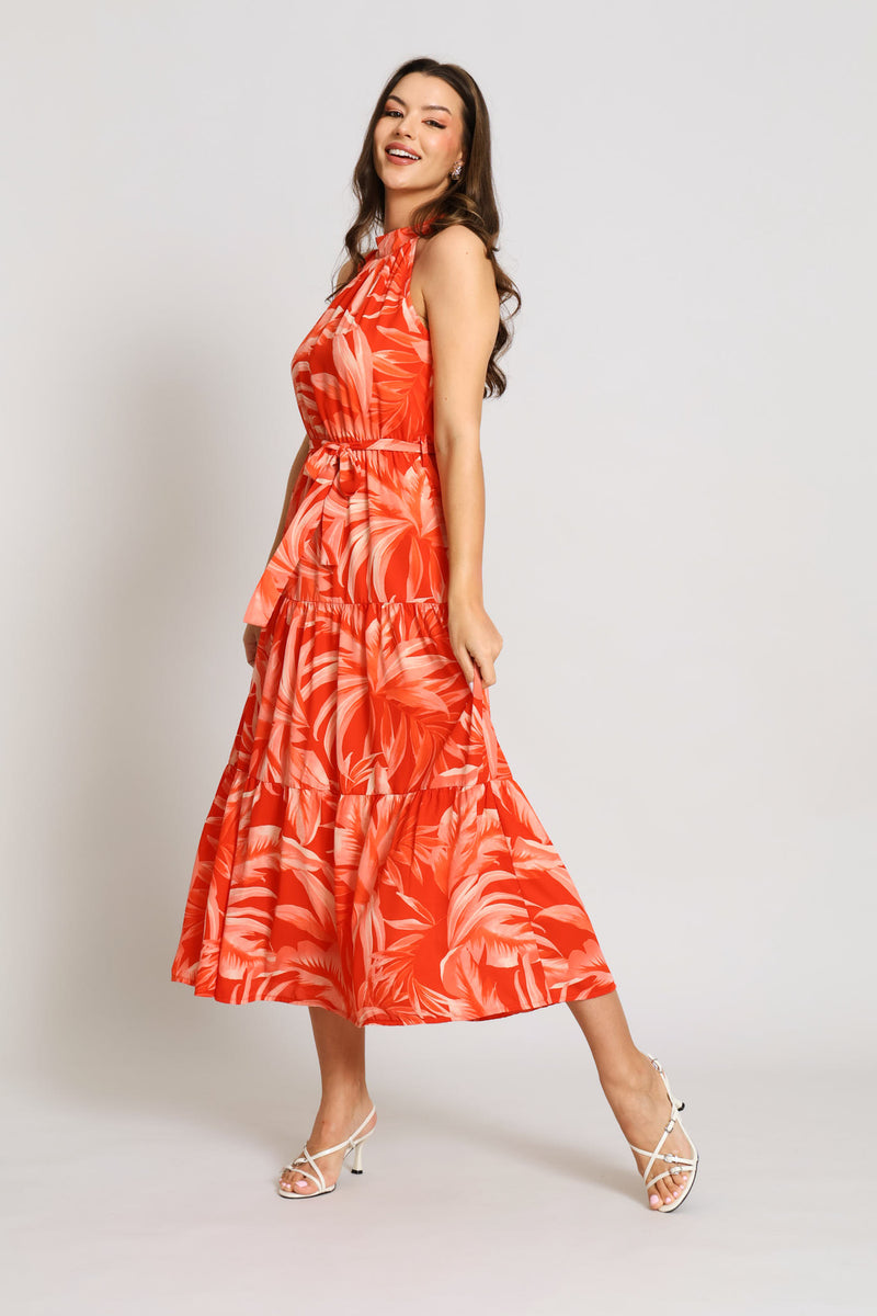Halter Tonal Tiered Maxi Dress - Coral