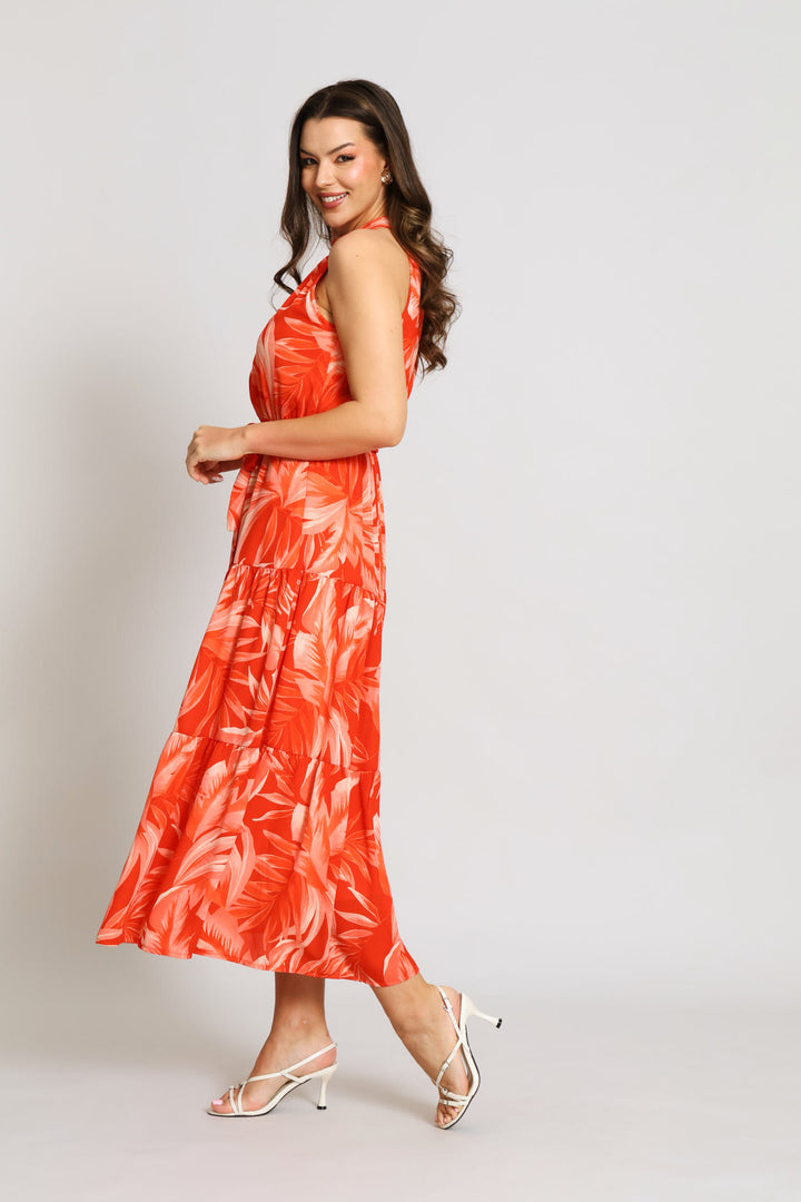 Halter Tonal Tiered Maxi Dress - Coral
