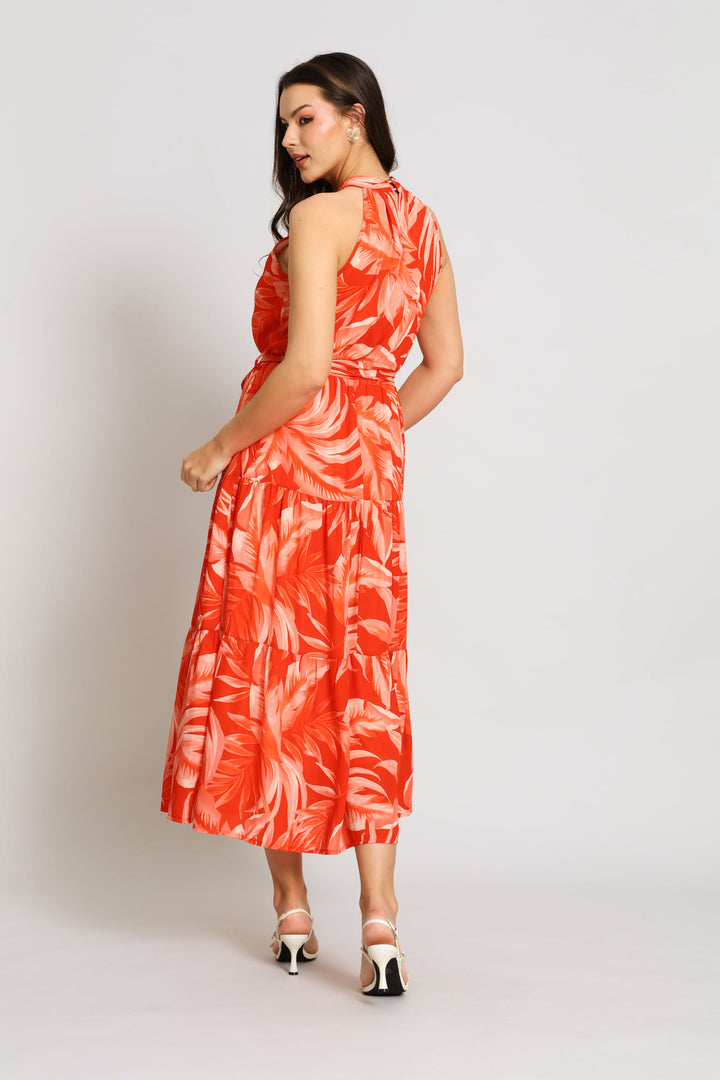 Halter Tonal Tiered Maxi Dress - Coral