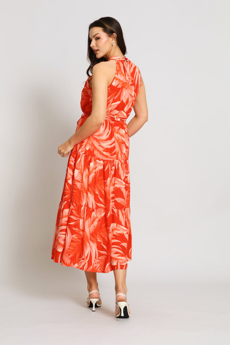 Halter Tonal Tiered Maxi Dress - Coral