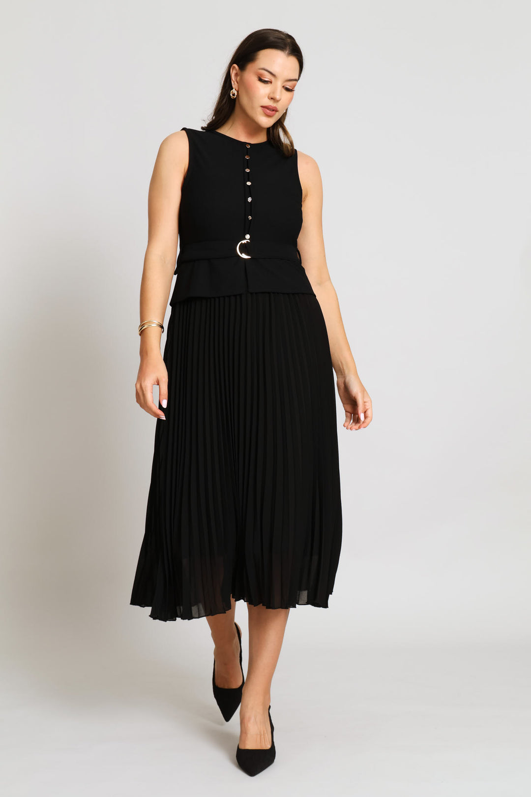 Pleated Knitwear Combo Maxi Dress - Black