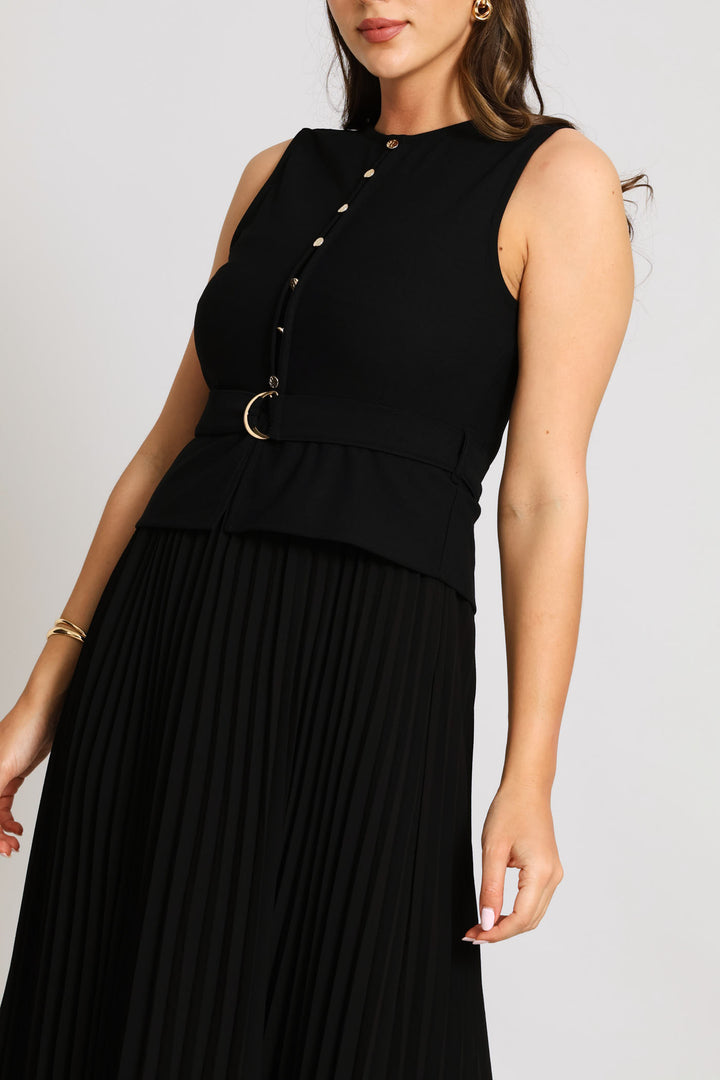 Pleated Knitwear Combo Maxi Dress - Black